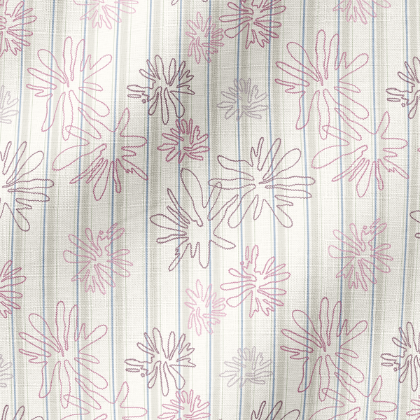 Patrón floral con flores rosado pálido sobre fondo de rayas verticales en tonos crema y beige fabric ripple mockup