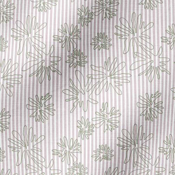 Patrón de líneas rosado pálido con flores estilizadas beige sobre fondo rayado vertical fabric ripple mockup