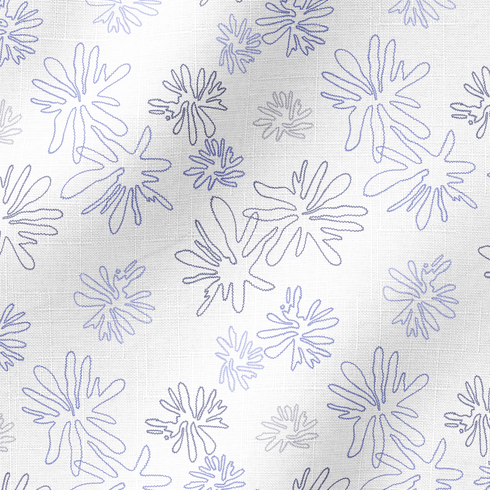 Patrón de flores estilizadas en líneas moradas sobre fondo blanco, diseño floral minimalista y delicado fabric ripple mockup
