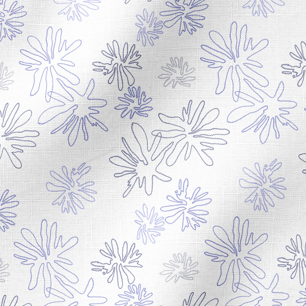 Patrón de flores estilizadas en líneas moradas sobre fondo blanco, diseño floral minimalista y delicado fabric ripple mockup