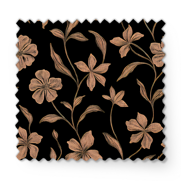 Patrón floral de flores y hojas en tonos ocre sobre fondo negro, diseño elegante y continuo fabric swatch mockup