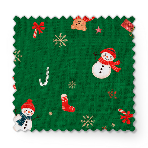 Patrón navideño sobre fondo verde con muñecos de nieve, calcetines, bastones de caramelo y copos de nieve fabric swatch mockup