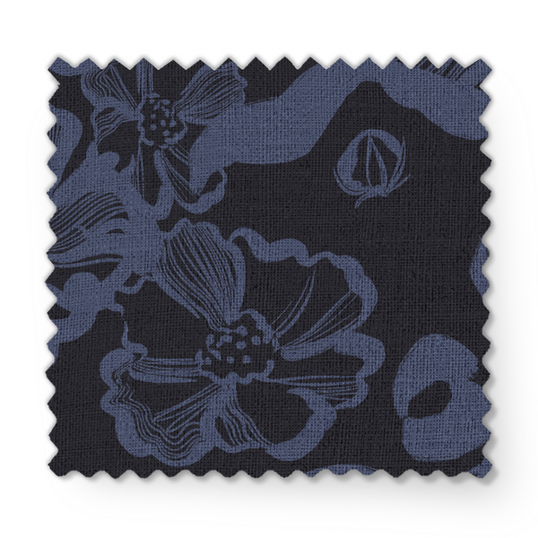 Patrón floral abstracto en tonos azul-violeta sobre fondo negro oscuro con diseños de flores estilizadas fabric swatch mockup