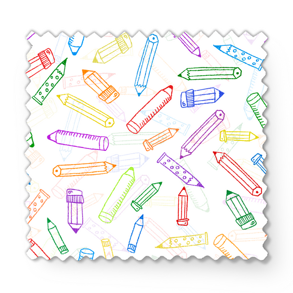 Patrón colorido de lápices y crayones dibujados en estilo lineal sobre fondo blanco fabric swatch mockup