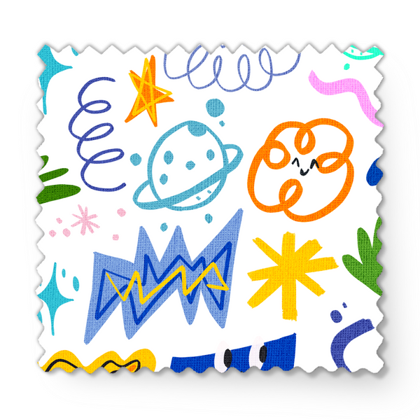 Coloridos dibujos doodle infantiles con formas abstractas, espirales, estrellas y líneas onduladas en azul, amarillo, rosa y verde. fabric swatch mockup