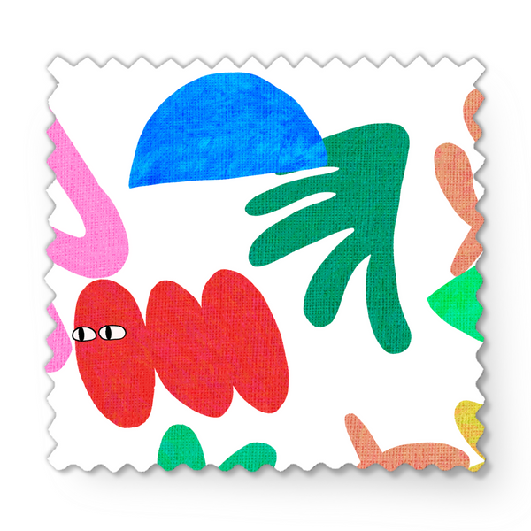 Collage colorido con formas abstractas: flores amarillas, semicírculos azules, líneas onduladas y elementos orgánicos en diversos colores brillantes. fabric swatch mockup