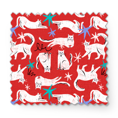 Patrón de gatos blancos dibujados a mano sobre fondo rojo con estrellas de mar azules y turquesa fabric swatch mockup