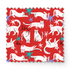 Patrón de gatos blancos dibujados a mano sobre fondo rojo con estrellas de mar azules y turquesa fabric swatch mockup
