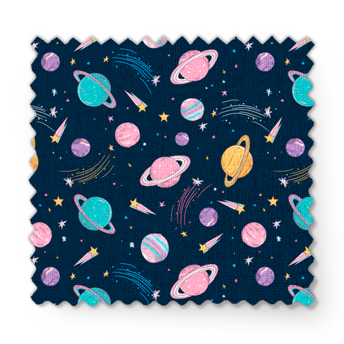 Colorido patrón espacial con planetas, estrellas y cometas en tonos pastel sobre fondo azul oscuro. fabric swatch mockup