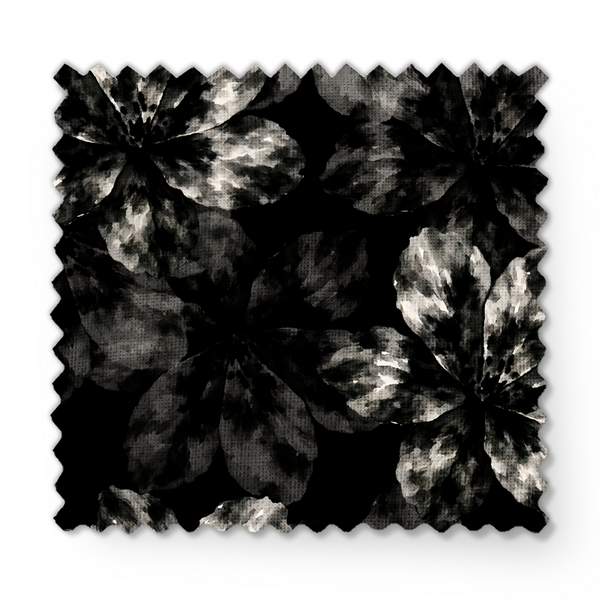 Patrón abstracto de flores oscuras con destellos blancos en fondo negro, efecto tie-dye. fabric swatch mockup