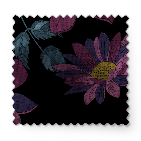 Patrón floral de flores moradas con centros amarillos sobre fondo negro fabric swatch mockup