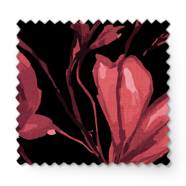 Patrón floral con flores de color rosa oscuro/burdeos sobre fondo negro, estilo artístico fabric swatch mockup