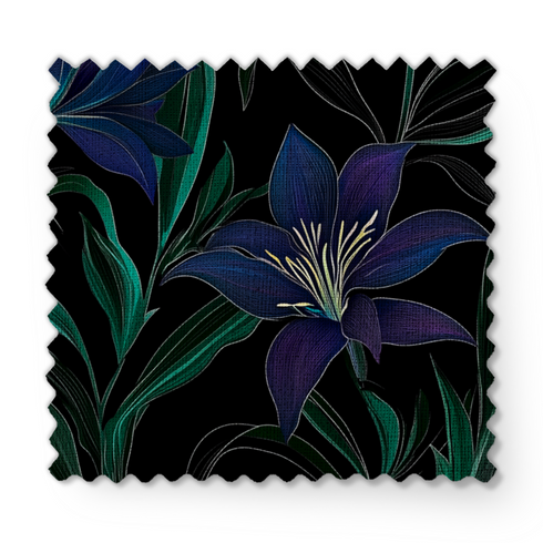 Patrón floral de elegantes lirios azul-púrpura con tallos verdes sobre fondo negro. fabric swatch mockup