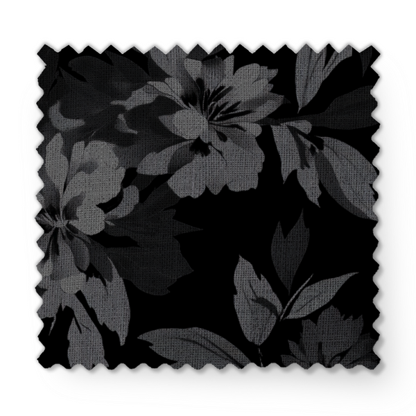 Patrón oscuro de hojas tropicales sobre fondo negro, en tonos grises y negros, creando un efecto monocromático elegante. fabric swatch mockup