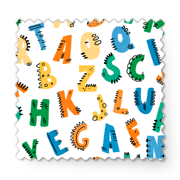 Patrón colorido de letras del alfabeto con diseños estilo dinosaurio en tonos azul, verde, amarillo y naranja sobre fondo blanco. fabric swatch mockup