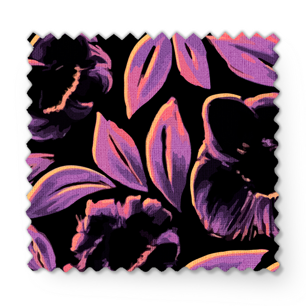 Patrón floral negro con pétalos púrpuras sobre fondo oscuro, estilo elegante y contrastante. fabric swatch mockup