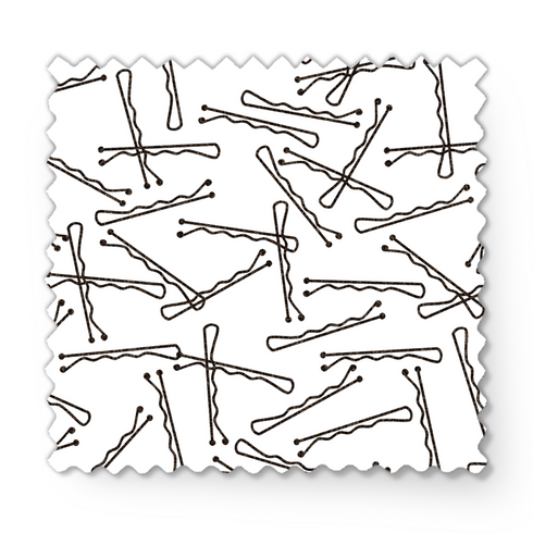 Patrón de líneas y formas abstractas en blanco y negro que asemejan horquillas o clips dispersos aleatoriamente sobre fondo claro. fabric swatch mockup