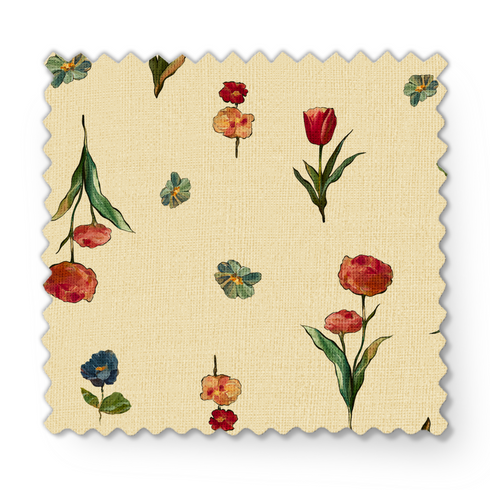 Patrón botánico con flores rojas, azules, amarillas y tulipanes sobre fondo beige claro fabric swatch mockup