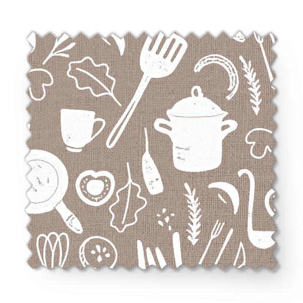 Patrón decorativo de utensilios de cocina en blanco sobre fondo marrón claro. fabric swatch mockup