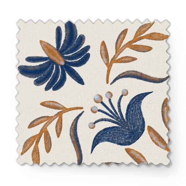 Diseño floral simétrico con motivos azules y marrón dorado en estilo folk, ornamento decorativo tradicional fabric swatch mockup