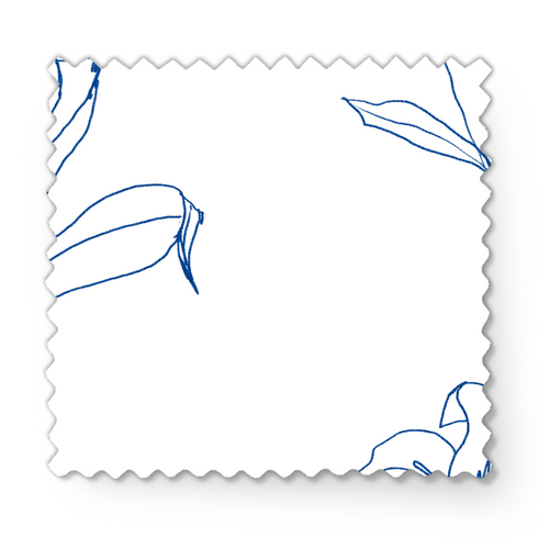 Patrón botánico de líneas azules que muestra flores y hojas en un estilo de dibujo minimalista sobre fondo blanco. fabric swatch mockup