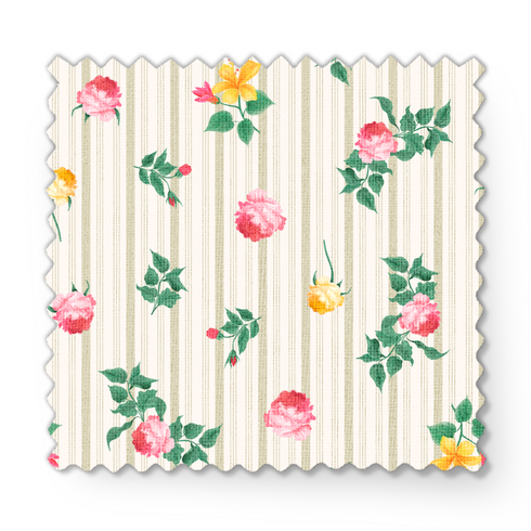 Patrón floral con rosas rosadas y amarillas sobre fondo de rayas beige y crema con hojas verdes fabric swatch mockup