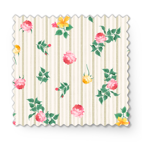 Patrón floral con rosas rosadas y amarillas sobre fondo de rayas beige y crema con hojas verdes fabric swatch mockup