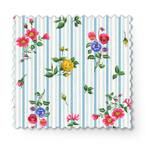 Patrón floral con rosado, amarillo y azul sobre rayas verticales azules y blancas fabric swatch mockup