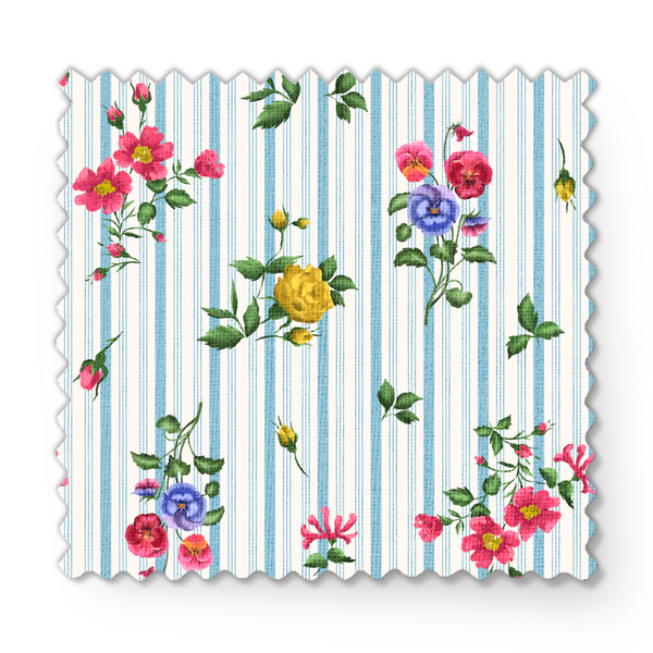 Patrón floral con rosado, amarillo y azul sobre rayas verticales azules y blancas fabric swatch mockup