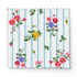 Patrón floral con rosado, amarillo y azul sobre rayas verticales azules y blancas fabric swatch mockup