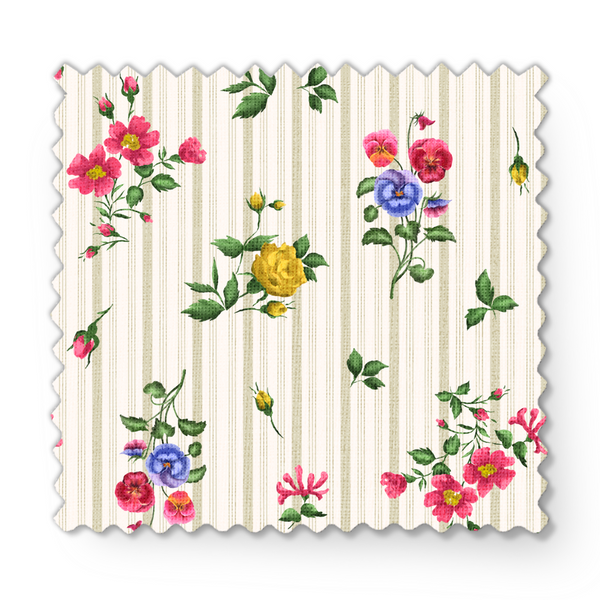 Estampado floral con rosas rosadas, amarillas y moradas sobre fondo de rayas beiges y blancas fabric swatch mockup