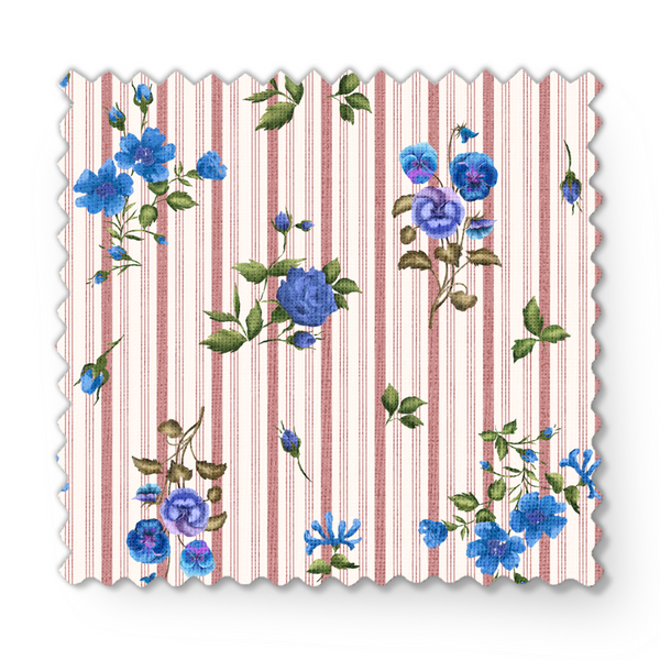 Patrón floral con rosas azules sobre fondo de rayas rosadas y blancas verticales delicadas fabric swatch mockup