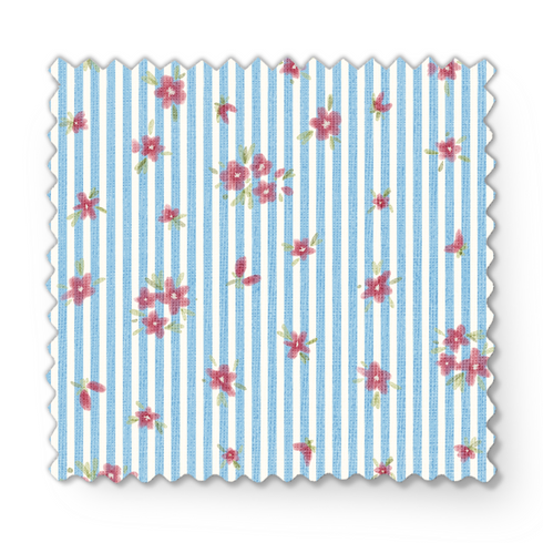 Patrón de rayas azul cielo con flores rosadas pequeñas dispersas sobre fondo blanco fabric swatch mockup
