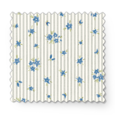 Patrón de flores azules pequeñas sobre fondo de rayas beige y blanco, estilo delicado y fresco fabric swatch mockup