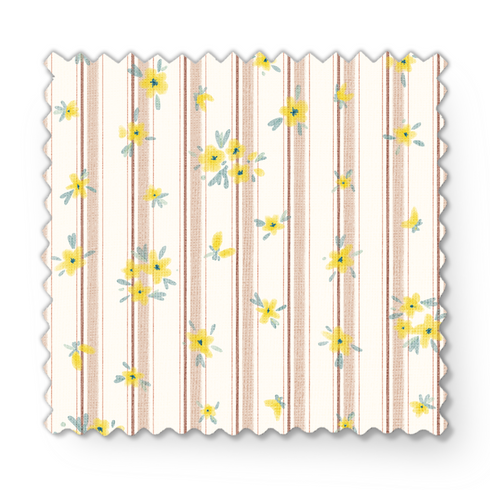 Patrón delicado con flores amarillas pequeñas sobre fondo de rayas rosado y crema suave fabric swatch mockup