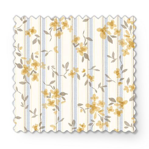 Patrón floral delicado con flores amarillas y hojas grises sobre rayas verticales en fondo crema fabric swatch mockup