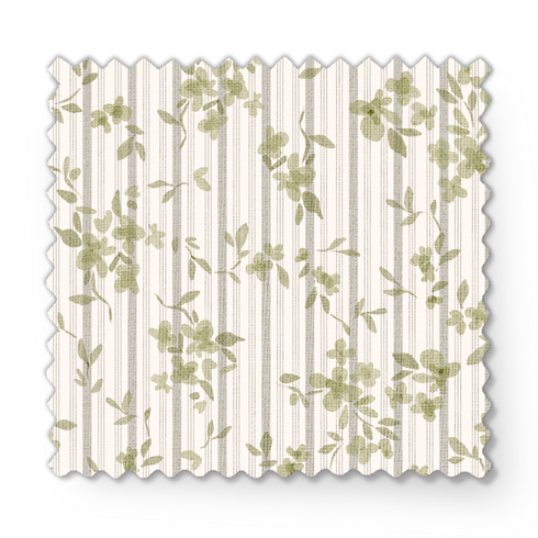 Patrón delicado de ramas verdes sobre rayas verticales beige y crema con estilo botánico suave fabric swatch mockup
