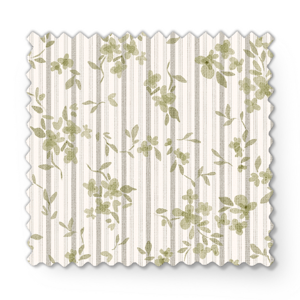 Patrón delicado de ramas verdes sobre rayas verticales beige y crema con estilo botánico suave fabric swatch mockup