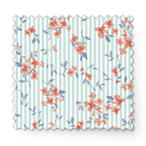 Patrón floral coral y gris sobre rayas azul cielo, flores delicadas con hojas decorativas fabric swatch mockup
