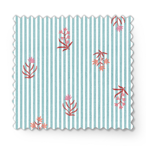 Patrón de rayas verticales turquesa sobre fondo blanco con motivos de hojas rosado coral dispersos fabric swatch mockup