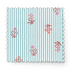 Patrón de rayas verticales turquesa sobre fondo blanco con motivos de hojas rosado coral dispersos fabric swatch mockup
