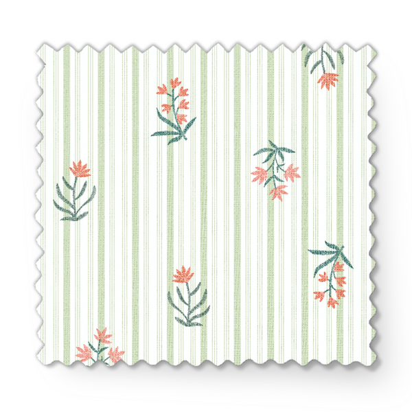 Patrón de rayas verdes con flores coral y hojas dispersas sobre fondo crema fabric swatch mockup