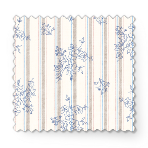 Patrón de rayas verticales con motivos florales delicados en tonos azules sobre fondo crema fabric swatch mockup
