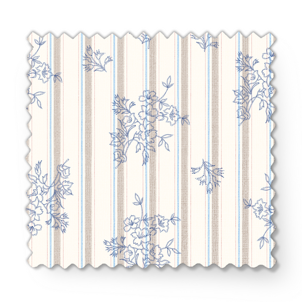 Patrón de rayas verticales con motivos florales delicados en tonos azules sobre fondo crema fabric swatch mockup