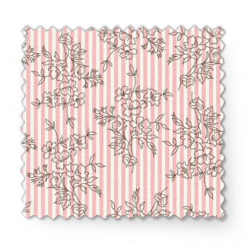 Patrón rosado con rayas verticales y estampado florales de ramas delicadas en gris fabric swatch mockup