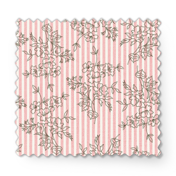 Patrón rosado con rayas verticales y estampado florales de ramas delicadas en gris fabric swatch mockup
