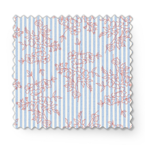 Patrón de rayas verticales azul cielo con delicadas flores rosado pálido dispersas fabric swatch mockup