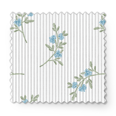 Patrón floral azul con ramas delicadas sobre fondo de rayas blancas y grises, estilo botánico fabric swatch mockup