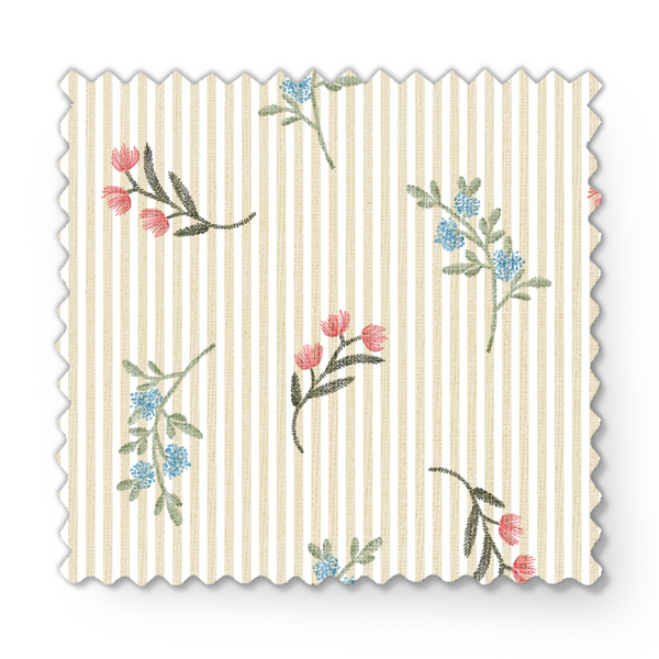 Patrón de rayas beige con flores rosadas y azules delicadas sobre fondo de líneas verticales fabric swatch mockup