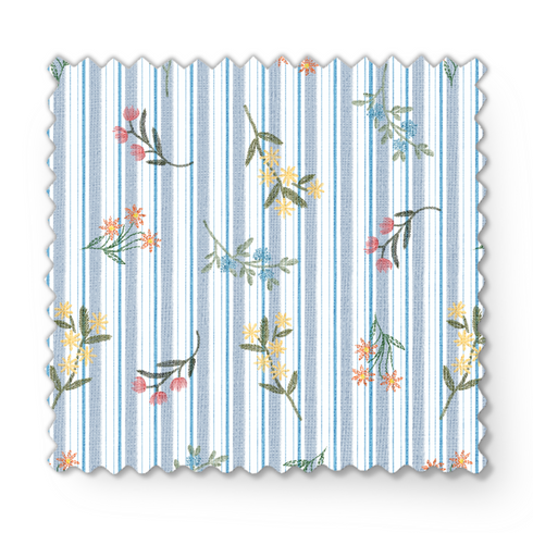 Patrón floral con líneas verticales en tonos azules, flores rosadas y amarillas sobre fondo rayado fabric swatch mockup